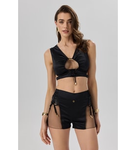 Sensure Siyah Esnek Saten Tül Detaylı Kısa Pijama Takımı
