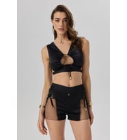 Sensure Siyah Esnek Saten Tül Detaylı Kısa Pijama Takımı