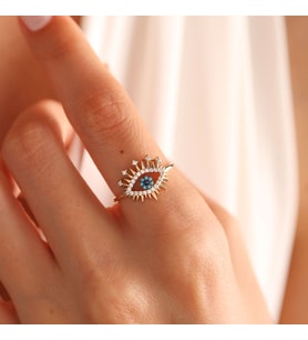14 Ayar Özel Tasarım Altın Evil Eye Yüzük Firuzeli (Çok Renkli)
