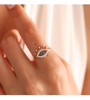 14 Ayar Özel Tasarım Altın Evil Eye Yüzük Firuzeli (Çok Renkli)