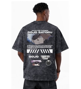 Tasarım Jujutsu Kaisen Gojo Satoru Anime Baskılı Unisex Oversize Eskitme Yıkamalı Tişört