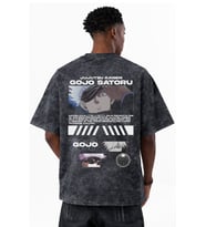 Tasarım Jujutsu Kaisen Gojo Satoru Anime Baskılı Unisex Oversize Eskitme Yıkamalı Tişört