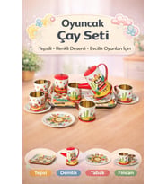 Desenli Metal Çay Seti 14 Parça Oyuncak Evcilik Seti