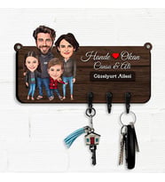 2 Çocuklu Aile Karikatürlü Anahtar Askısı