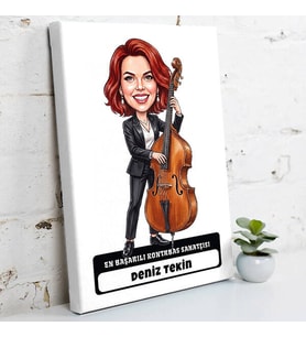 Kontrbas Sanatçısına Hediye Kadın Karikatürlü Kanvas Tablo