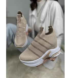 Günlük Triko Kadın Sneaker Gizli Topuk Taşlı Oval Burun Rahat Kalıp Nefes Alabilen Spor Ayakkabı 271 (Bej)