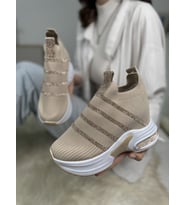 Günlük Triko Kadın Sneaker Gizli Topuk Taşlı Oval Burun Rahat Kalıp Nefes Alabilen Spor Ayakkabı 271 (Bej)