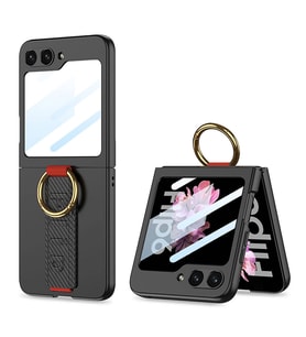 Samsung Galaxy Z Flip 6 Kılıf Kamera Korumalı Yüzüklü Karbon Tasarımlı Flip Ring (Siyah)