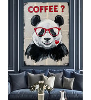 Panda Kahve İçme Resmi Dekoratif Kanvas - Mdf Ahşap Tablo