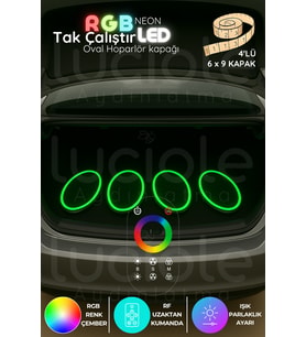 Şerit LED LED 4’lü 6x9 inç Oval RGB Neon Hoparlör Kapağı  RF Kumandalı Renkli Işık Efektli Modifiye Set