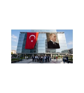 Gazi Mustafa Kemal Atatürk Yan Portre Bayrak ve Türk Bayrağı Premium Raşel Kumaş 2'li Set 10x15 metre ATA58