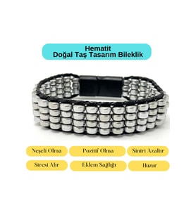 Sertifikalı Hematit Doğal Taş Tasarım Erkek Bileklik Gümüş Renk