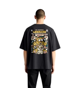 Erkek Oversize Grafik Tişört Çizgi Roman Leopar Karakteri Baskılı Kısa Kol Yuvarlak Yaka Rahat Kesim