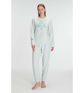 Kadın Gri Uzun Kollu Yazı Detaylı Pijama Takımı (Renksiz)
