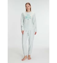 Kadın Gri Uzun Kollu Yazı Detaylı Pijama Takımı (Renksiz)