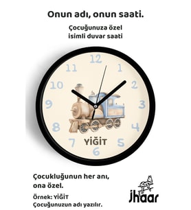 İsme Özel Tren Çocuk Odası Duvar Saati Orta Boy 30 cm Siyah Camlı Sessiz