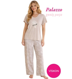 Seamlife Kadın Düğmesiz Geniş Yaka Viskon Kısa Kol Palazzo Pijama Takımı-Oversize Üst Geniş Paça Alt Homewear (Bej)