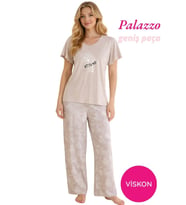 Seamlife Kadın Düğmesiz Geniş Yaka Viskon Kısa Kol Palazzo Pijama Takımı-Oversize Üst Geniş Paça Alt Homewear (Bej)