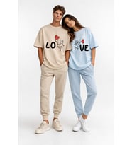 Sevgili Kombini Love Baskılı Çift Tişört Oversize Unisex Partner Kombin Seti (Bej)