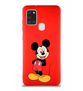 Samsung Galaxy A21S Soft Premier Kapak Mickey Mouse-B Tasarımlı Silikon Kılıf - Kırmızı (Şeffaf)