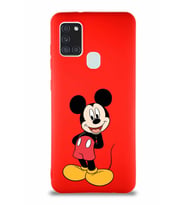 Samsung Galaxy A21S Soft Premier Kapak Mickey Mouse-B Tasarımlı Silikon Kılıf - Kırmızı (Şeffaf)