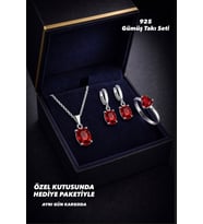 925 Ayar Damgalı Gümüş Kaplama Kırmızı Oval Taşlı Minimal  Kolye Küpe Yüzük Takı Seti