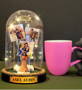 Kişiye Özel Tasarım Led Işıklı Fanus ve Pembe Kupa Bardak Hediye Seti (Model 9)