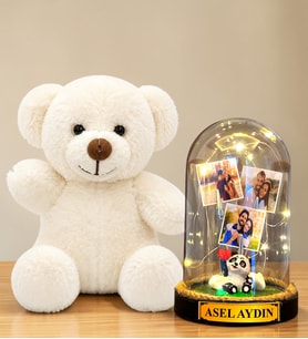 Kişiye Özel 3 Fotoğraflı Yazılı LED Işıklı Fanus ve Beyaz Peluş Ayıcık Hediye Seti (pandalı)