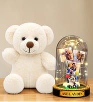 Kişiye Özel 3 Fotoğraflı Yazılı LED Işıklı Fanus ve Beyaz Peluş Ayıcık Hediye Seti (pandalı)