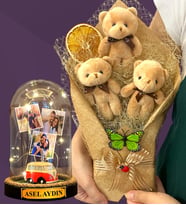 Sizlere Özel Led Işıklı Fanus ve Kahve Peluş Ayıcık Buketi - Premium Hediye Seti (Model 6)