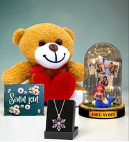 Kişiye Özel Led Işıklı Fanus & Ametist Taşlı Lotus Kolye & Kalpli Peluş Ayıcık Seti (Model 7)