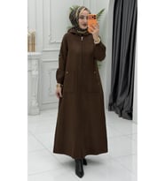 Bade Kaban Kahverengi Kadın Şık Kışlık Kaban Uzun Tesettür Dış Giyim Modern Günlük Kaban Modeli