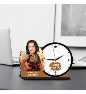 Kadın Arkeoloğa Hediye Karikatürlü MDF Masa Saati