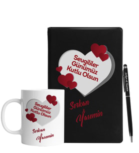 Sevgililer Gününe Özel Siyah Defter Kalem & Kupa Hediye Seti 5