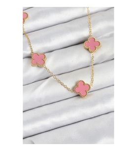 Mey İthalat® 316L Çelik Zincir Gold Pembe Renk Yonca Kadın Kolye