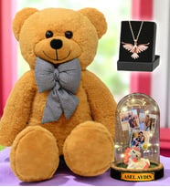 Büyük Boy Kahverengi Peluş Ayıcık, Size Özel Led Işıklı Fanus ve Zümrüdü Anka Kuşu Kolye (Model 5)