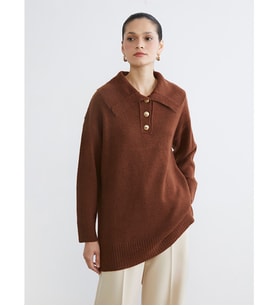 LCW Modest Kahverengi Polo Yaka Kadın Triko Kazak