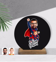 BK Gift Kişiye Özel Süper Baba ve Çocuk Karikatürlü Yuvarlak Ahşap Biblo-1