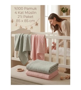2 li Paket 4 Katlı Müslin Bebek Battaniyesi 85x85 cm - Bebek Örtüsü & Yeni