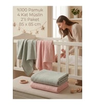 2 li Paket 4 Katlı Müslin Bebek Battaniyesi 85x85 cm - Bebek Örtüsü & Yeni