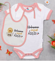 BK Kids Kişiye Özel Halasının Minik Kuşu Tasarımlı Pembe Bebek Body Zıbın ve Mama Önlüğü Hediye Seti