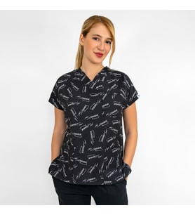 Unisex Siyah Atatürk İmza Desenli Esnek  Likralı Doktor Hemşire Aşçı Scrubs Cerrahi Tek Üst Forma