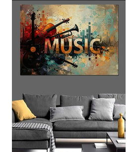 Music Yazılı Gece Şehri Tipografisi Dekoratif Kanvas - Mdf Ahşap Tablo
