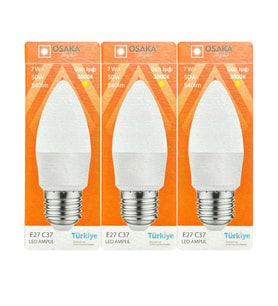 (3 Adet) Osaka 7W (50W) 3000K (Sarı) E27 Duylu (Kalın Duy) Mum Led Ampul