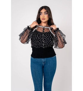Papatya Nakışlı Bel Ve Kol Lastik Astarlı Bluz BLZ6034