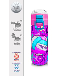 Coral High Kız Çocuk 500 ml Okul ve Günlük Paslanmaz Çelik Termos - Pembe Mor Voleybol Desenli - Sızdırmaz