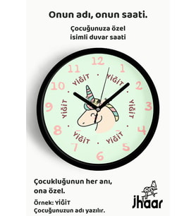 İsme Özel Unicorn Çocuk Odası Duvar Saati Orta Boy 30 cm Siyah Camlı Sessiz