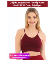 Özel Üretim Göğüs Toparlayıcı Sarkma Önleyen Spor Günlük İnce İp Askılı Pedli Fitilli Crop Büstiyer (Bordo)