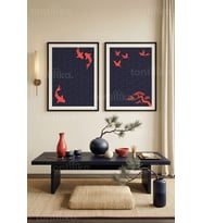 Japon Zen Temalı Koi, Turna ve Bonsai 2’li Ahşap Çerçeveli Tablo Seti