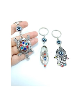 Nazar Boncuğu Anahtarlık Renkli Kaplumbağa / Çarık / Hamse Eli Metal Üçlü Set Hediyelik Aksesuar (Standart)